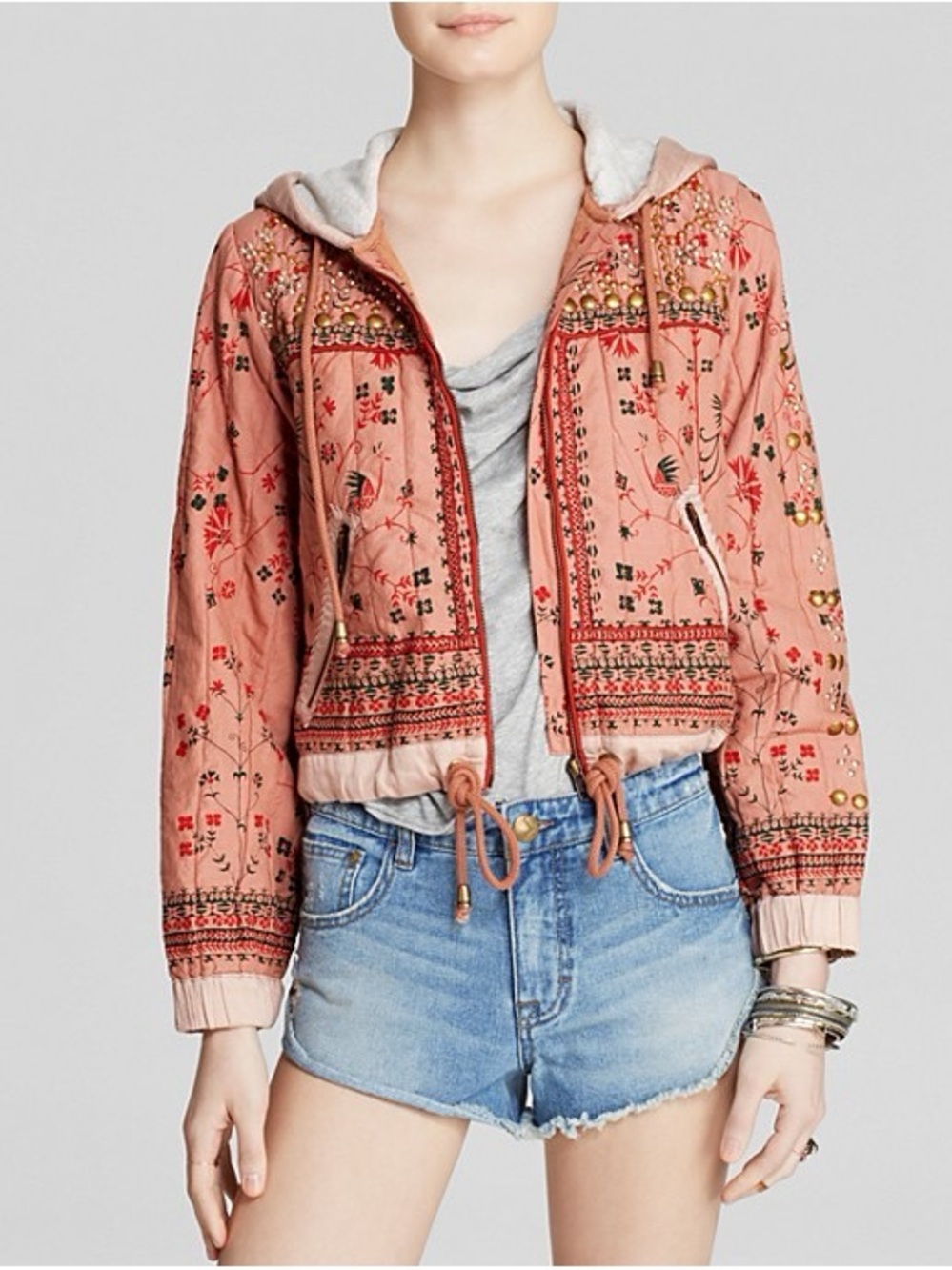Free People Embroidered Hooded Bomber Jacket - Dusty Rose